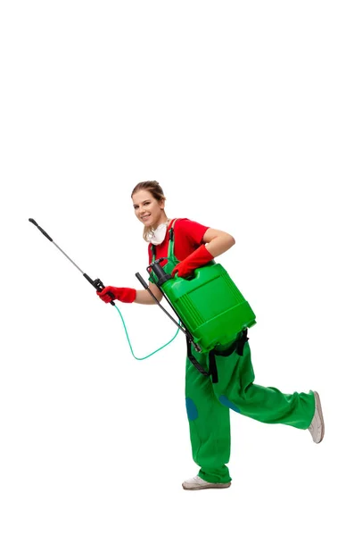 Female pest control contractor isolated on white — Stock Photo, Image