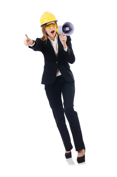 Donna con cappello rigido isolato su bianco — Foto Stock