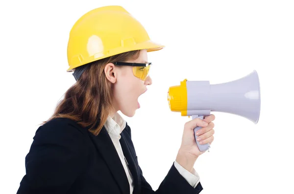 Woman with hard hat isolated on white — Stock Photo, Image