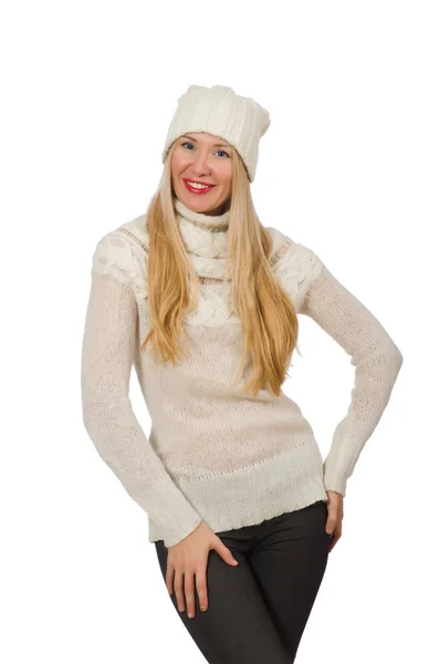 Žena s teplým oblečením na bílém — Stock fotografie