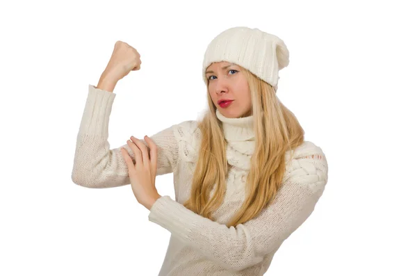 Mulher vestindo roupas quentes no branco — Fotografia de Stock