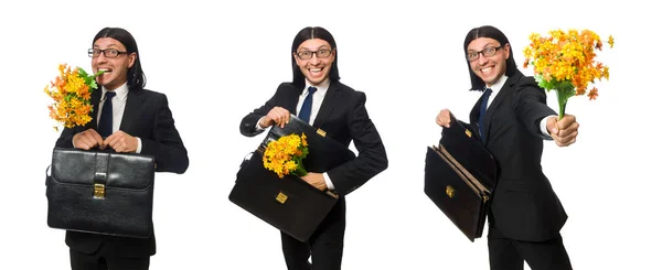 Handsome businessman with flower and brief case isolated on whit — Stock Photo, Image