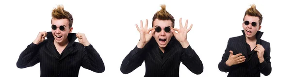 Hombre divertido con gafas de sol aisladas en blanco —  Fotos de Stock