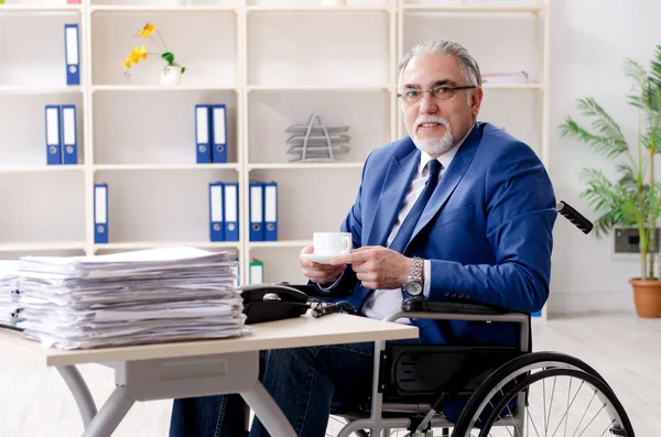 Älterer Mitarbeiter im Rollstuhl arbeitet im Büro — Stockfoto