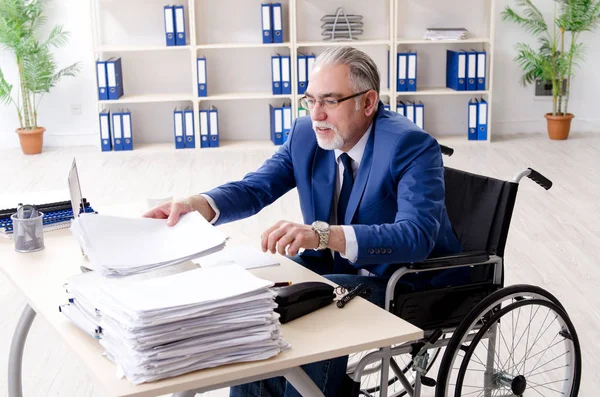Funcionário idoso em cadeira de rodas trabalhando no escritório — Fotografia de Stock