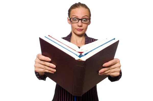 Jovem mulher de traje roxo segurando livros — Fotografia de Stock