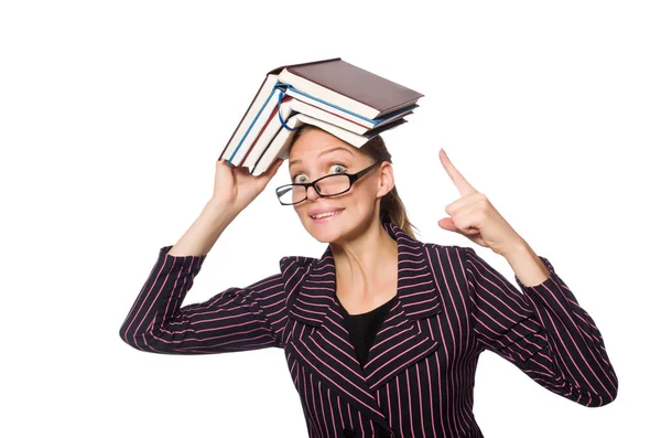 Jovem mulher de traje roxo segurando livros — Fotografia de Stock