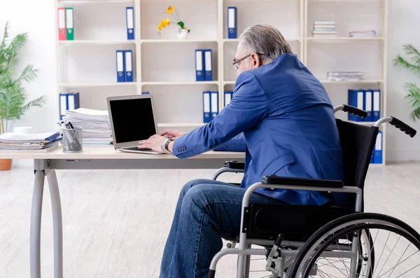 Employé âgé en fauteuil roulant travaillant au bureau — Photo