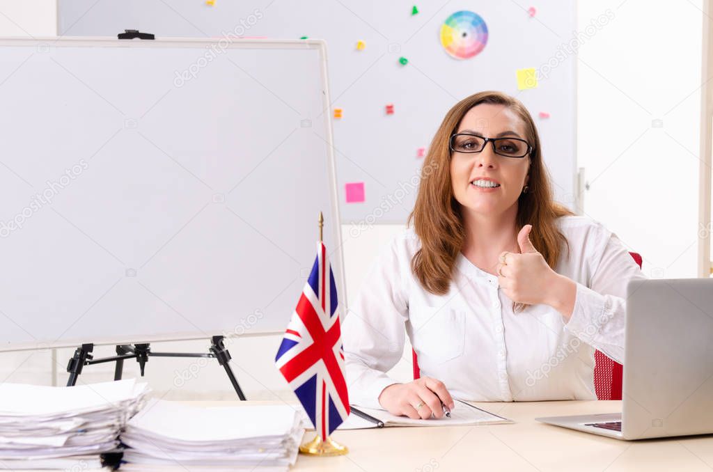 Female english language teacher in front of whiteboard 