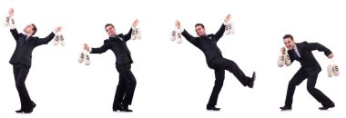 İşadamı beyaz izole para çuval ile 