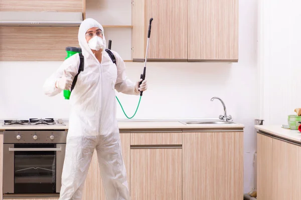 Professional contractor doing pest control at kitchen — Stock Photo, Image