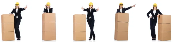 Woman builder with box isolated on white — Stock Photo, Image