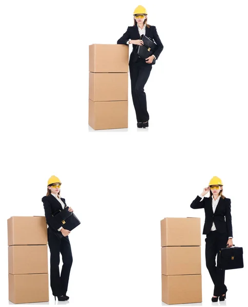 Woman builder with box isolated on white — Stock Photo, Image