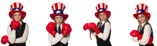 Colagem com mulher e chapéu americano — Fotografia de Stock