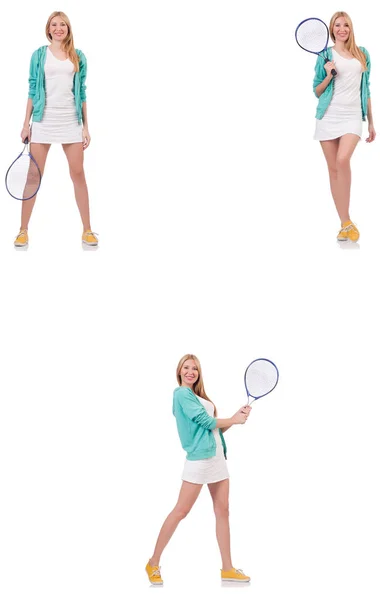 Jeune belle dame jouant au tennis isolé sur blanc — Photo
