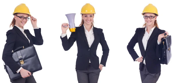 Constructeur féminin avec mégaphone isolé sur blanc — Photo