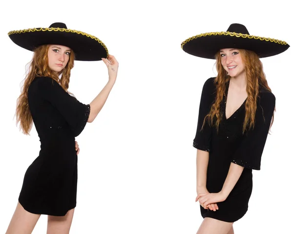 Young redhead lady in black dress with black sombrero — Stock Photo, Image