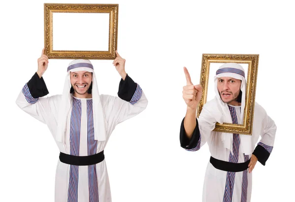 Arabische man met fotolijst geïsoleerd op wit — Stockfoto