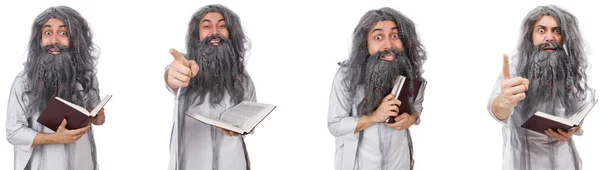 Grappige oude wizard met boek — Stockfoto