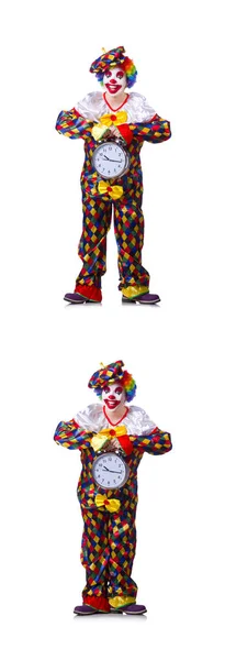 Смешной мужской клоун с будильником — стоковое фото