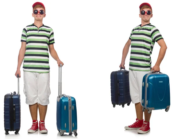 Młody człowiek z walizką odizolowany na biało — Zdjęcie stockowe