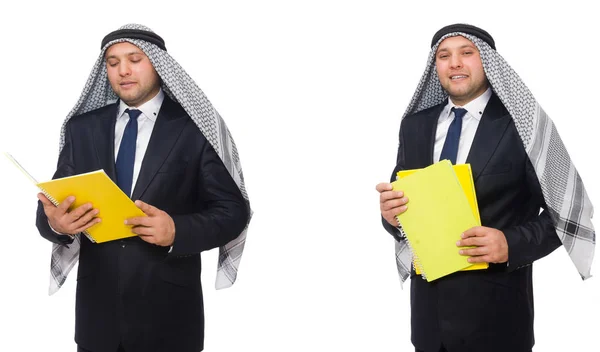 Hombre de negocios árabe con notas aisladas en blanco — Foto de Stock