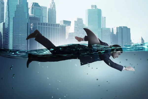 Empresario con aleta de tiburón nadando en el agua — Foto de Stock