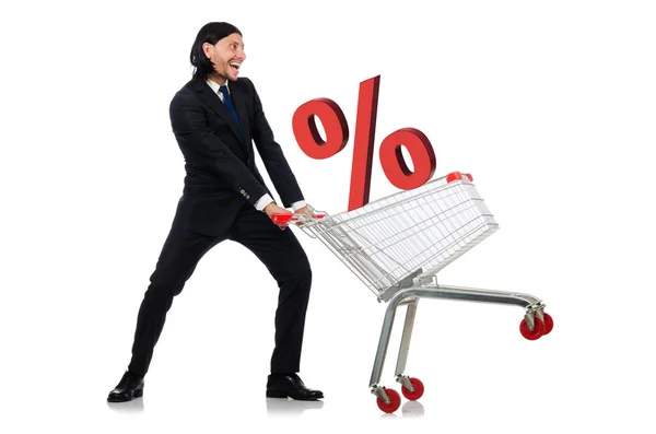 Az ember az értékesítés és a diszkont vásárlási koncepció — Stock Fotó