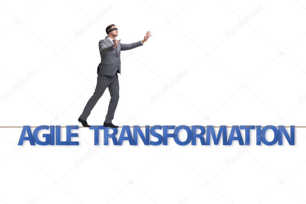 Agile transformation concept with businessman walking on tight r