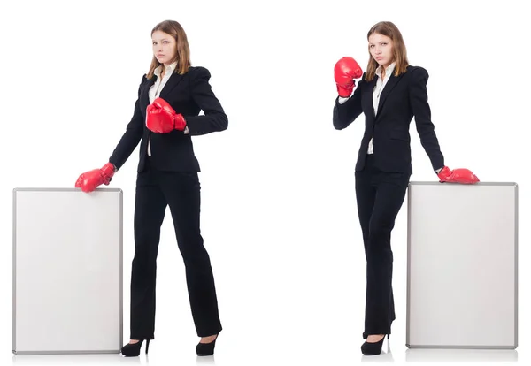 Boxeador mujer con tablero en blanco sobre blanco — Foto de Stock