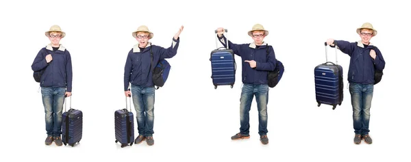 Hombre divertido con equipaje con sombrero de safari — Foto de Stock