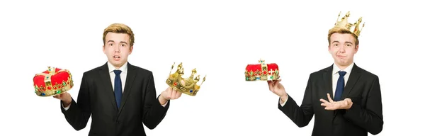 Zakenman met kroon geïsoleerd op wit — Stockfoto