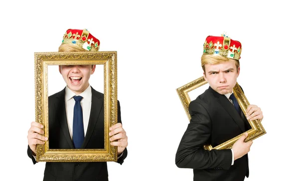 Man with picture frame isolated on the white — Stock Photo, Image