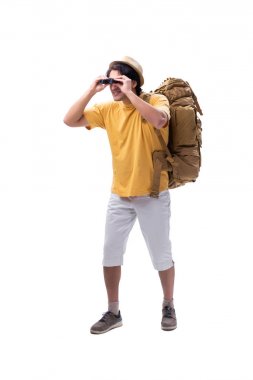 Genç yakışıklı turist üzerinde beyaz izole 