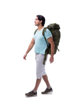 Genç yakışıklı turist üzerinde beyaz izole 