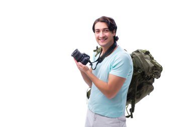 Genç yakışıklı turist üzerinde beyaz izole 