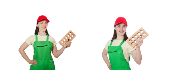 Woman holding clay brick isolated on white — Stock Photo, Image