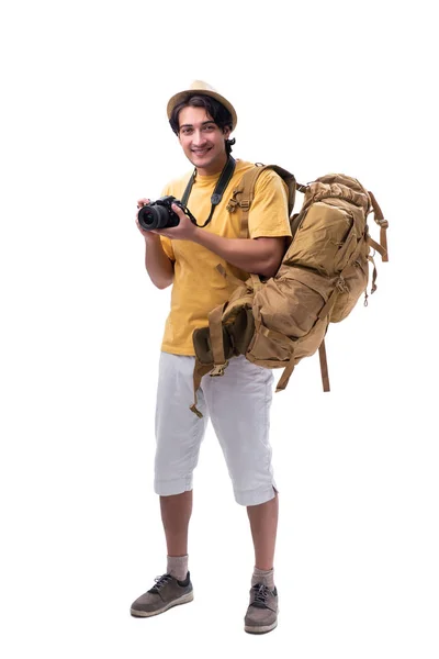 Genç yakışıklı turist üzerinde beyaz izole — Stok fotoğraf