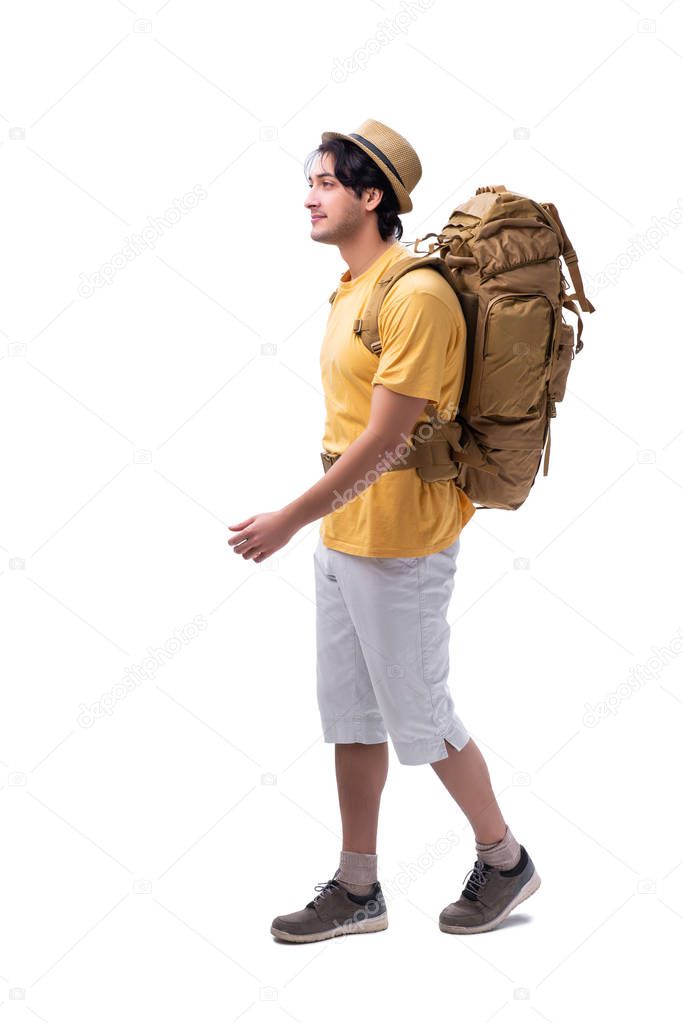 Young handsome tourist isolated on white 