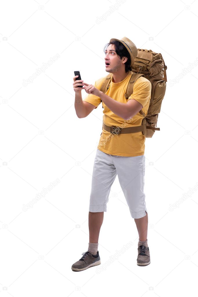 Young handsome tourist isolated on white 