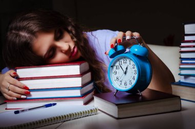 Evde sınavlara hazırlanan genç bir kız öğrenci. 