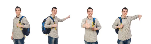 Estudante caucasiano sorridente com mochila isolada em branco — Fotografia de Stock