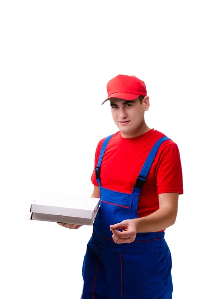 Trabalhador de entrega de pizza isolado em branco — Fotografia de Stock