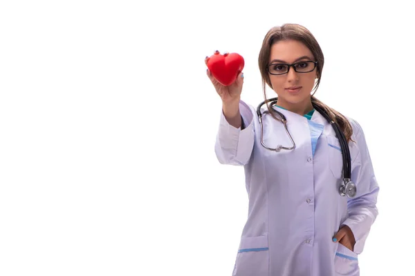 Mujer joven médico cardiólogo aislado en blanco — Foto de Stock