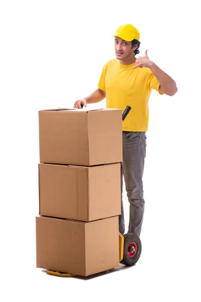 Giovane corriere maschio con scatola — Foto Stock