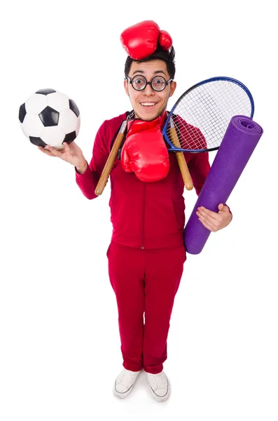 Homem engraçado no conceito de esportes em branco — Fotografia de Stock