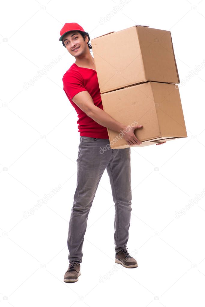Young male courier with box 