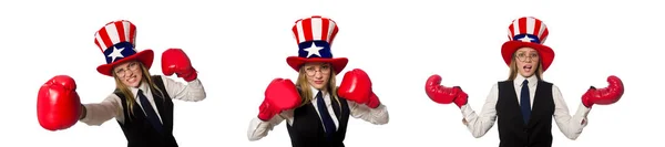 Woman with boxing gloves isolated on white — Stock Photo, Image