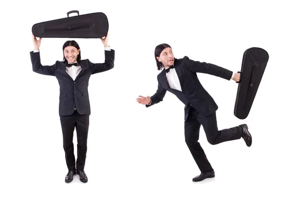 Mann mit Geigenkoffer isoliert auf weiß — Stockfoto