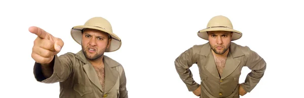 Man in safari hat isolated on white — Stock Photo, Image